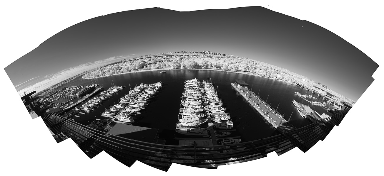 Infrared Photo, Extreme panorama of Washington Waterfront with Docks, Boats, View.